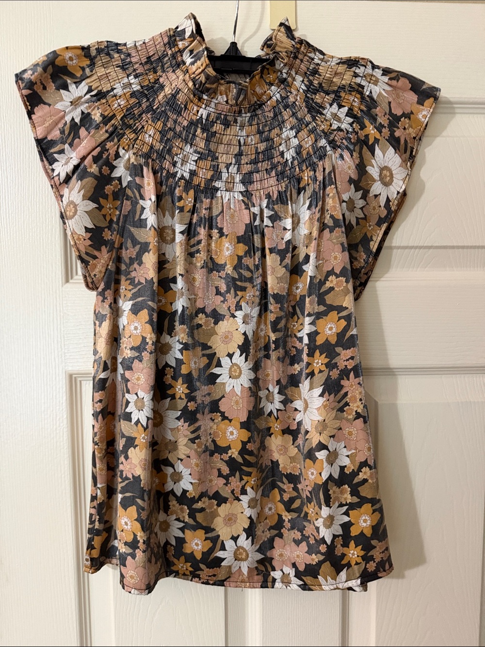 moodie Black Floral Smocked Neck Dress with Pink & Mustard Flowers
